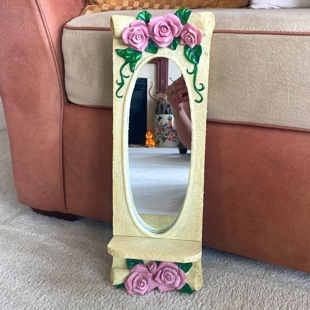 Vintage Victorian Roses Vines Cream Scroll Oval Mirror w/ Ledge Floral Antique